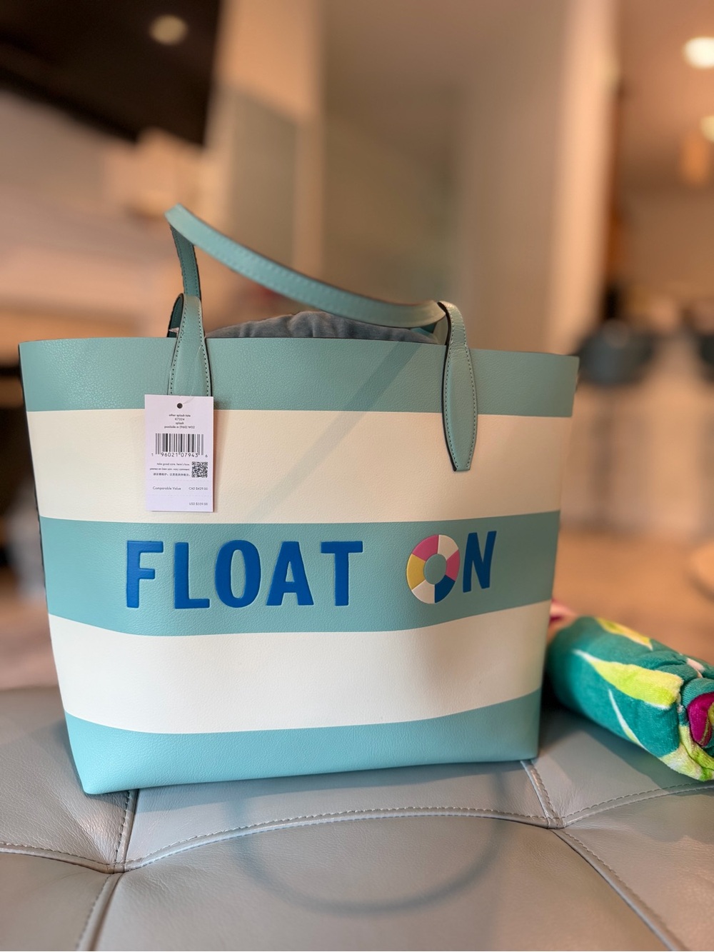 Kate Spade Aqua, White and Blue “Splash!” FLOAT ON Striped Tote w/Matching Zip